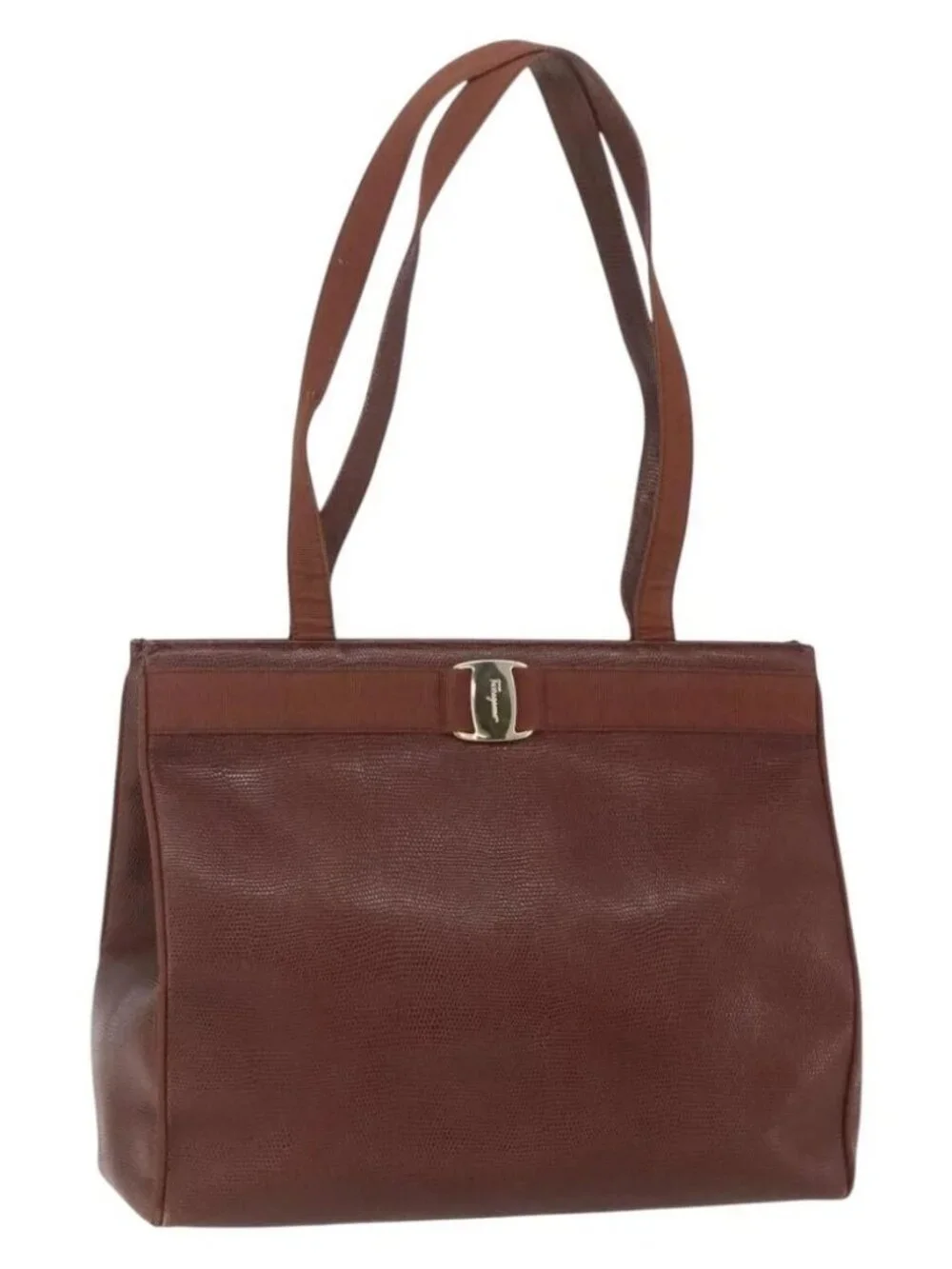 Salvatore Ferragamo Vala Shoulder Bag Leather Brown Gold Auth ka1378